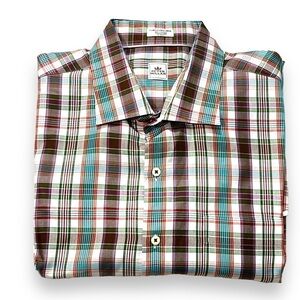 Peter Millar Colorful Plaid Button Down Short 100% Cotton Long Sleeve Size XXL
